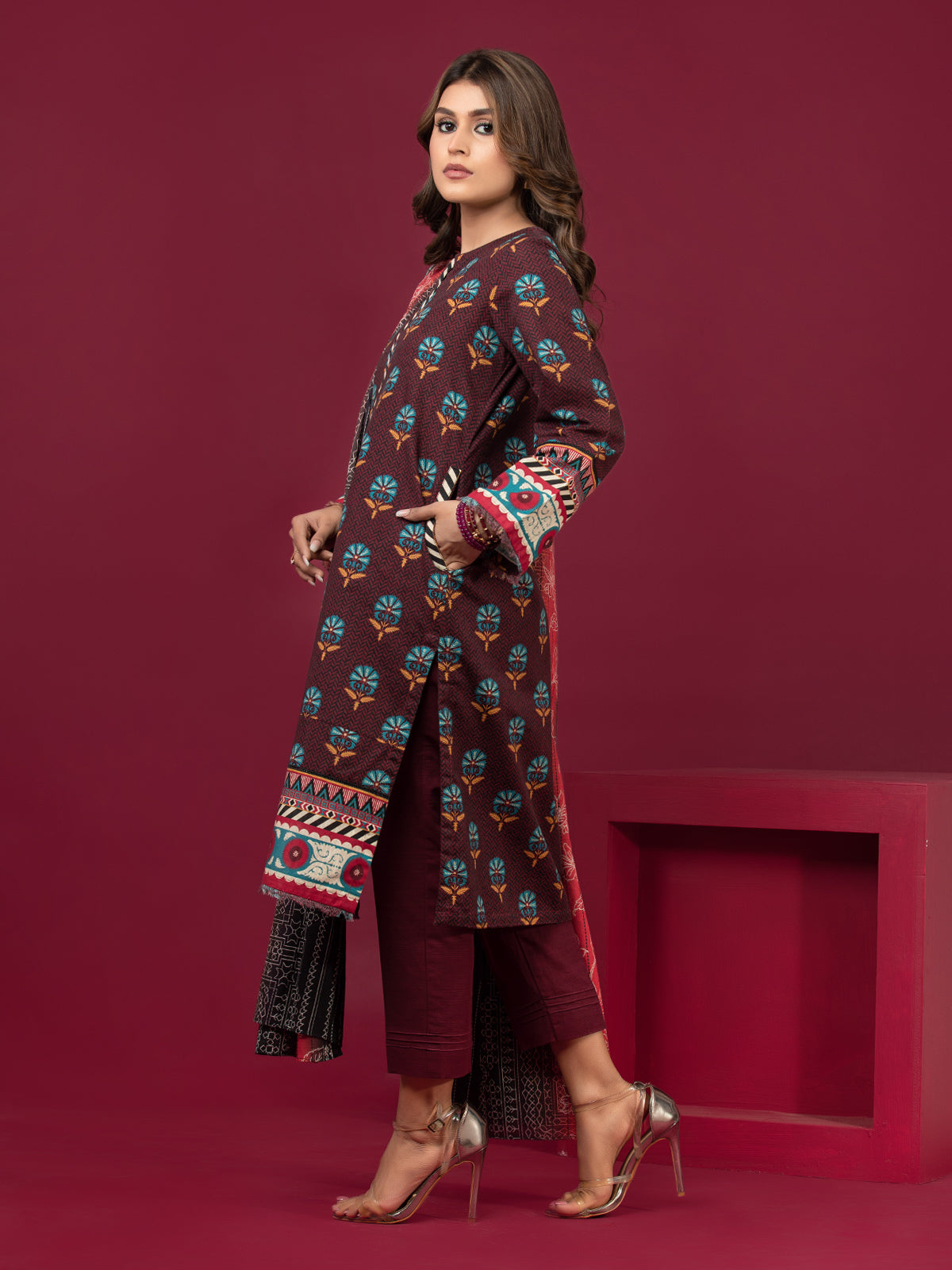 Edenrobe - EWU22A3-24467 Unstitched Dark Maroon Printed Khaddar 3 Piece