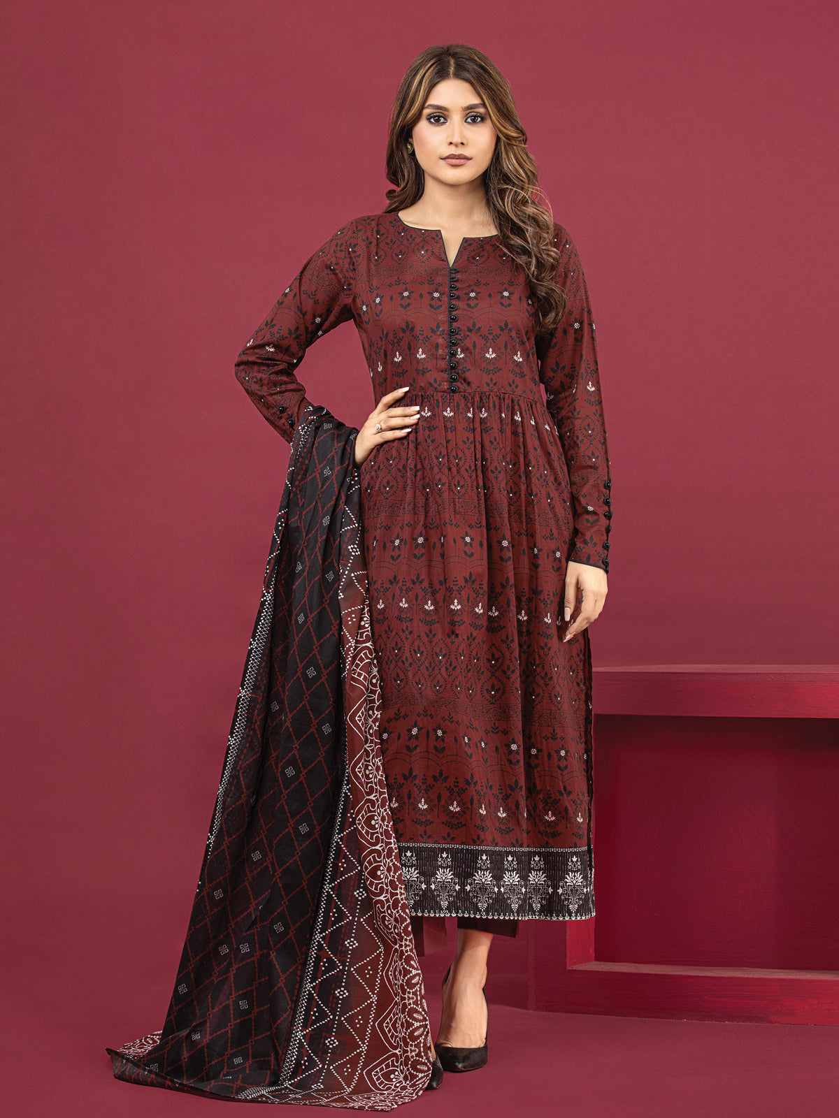 Edenrobe - EWU22A3-24472XXL Unstitched Burgundy Printed Khaddar 3 Piece