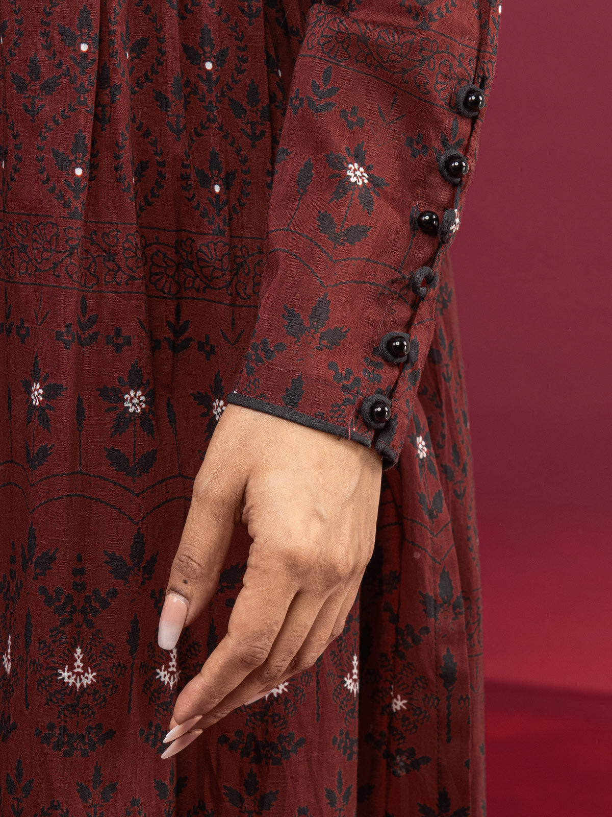 Edenrobe - EWU22A3-24472 Unstitched Burgundy Printed Khaddar 3 Piece