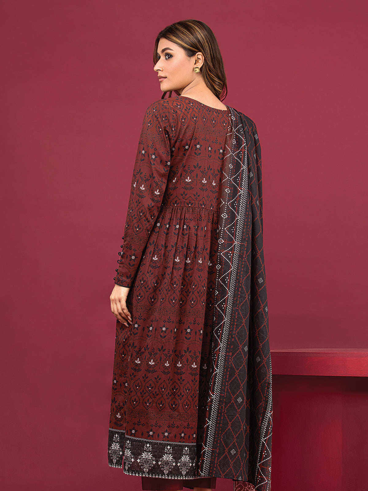 Edenrobe - EWU22A3-24472XXL Unstitched Burgundy Printed Khaddar 3 Piece