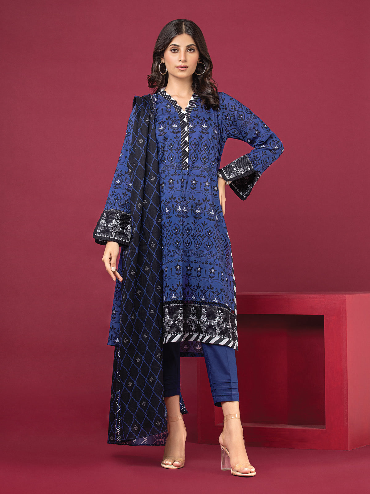 Edenrobe - EWU22A3-24473SD Unstitched Royal Blue Printed Khaddar 2 Piece