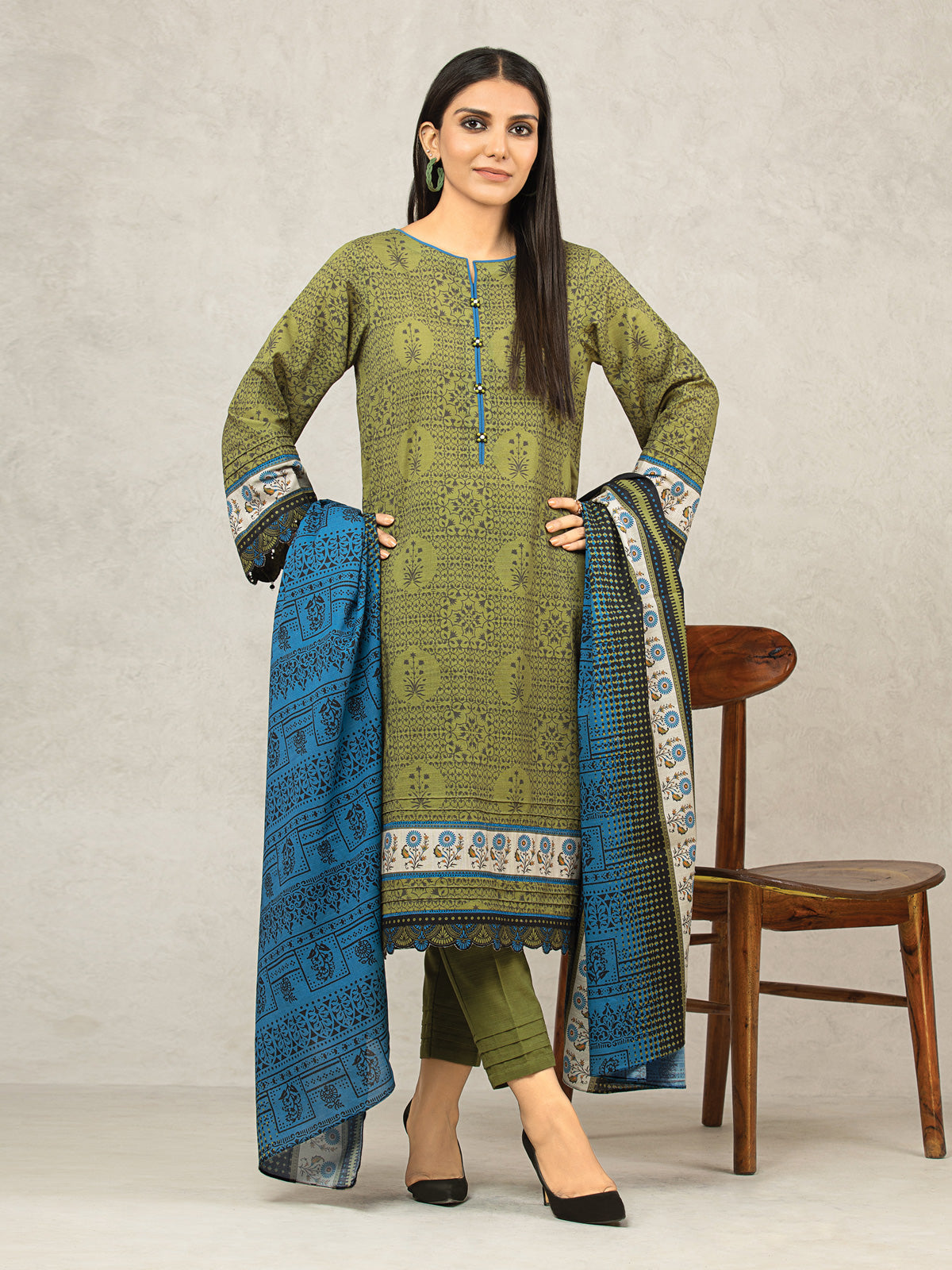 Edenrobe - EWU22A3-24504ST Unstitched Olive Printed Khaddar 2 Piece