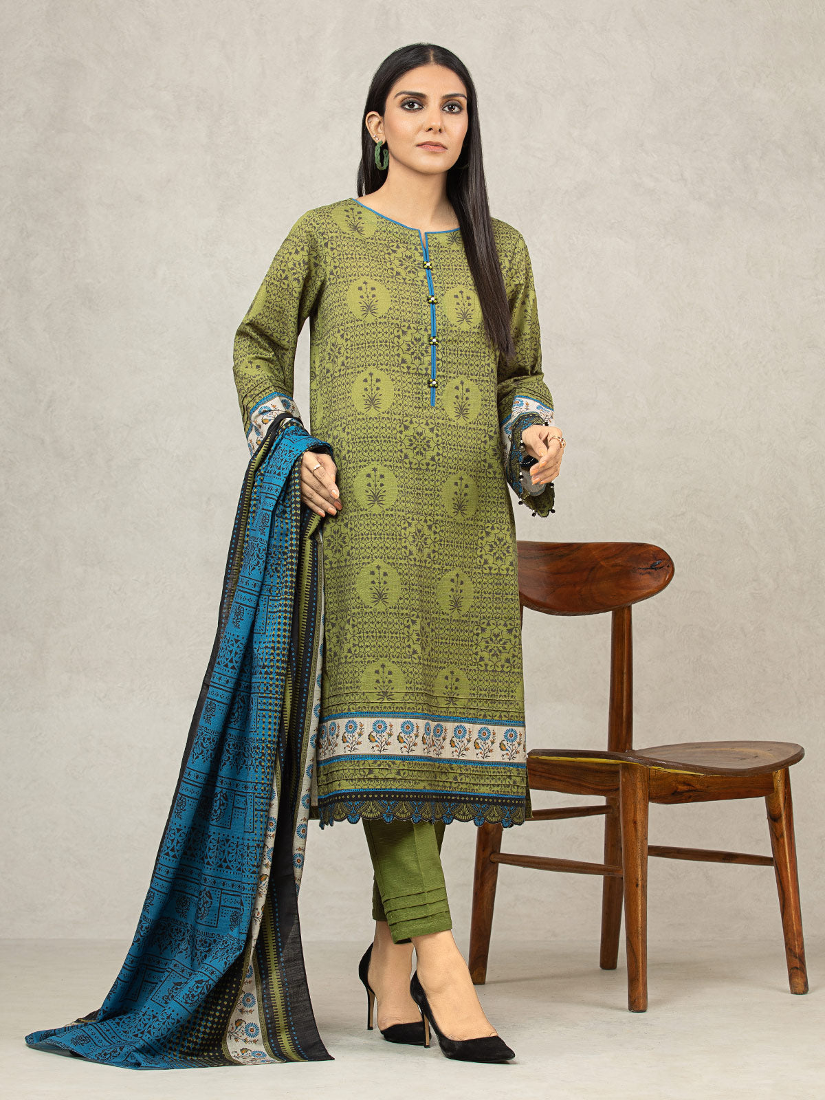 Edenrobe - EWU22A3-24504 Unstitched Olive Printed Khaddar 3 Piece