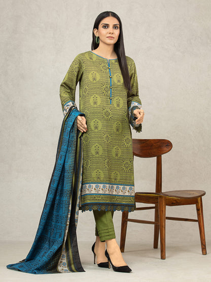 Edenrobe - EWU22A3-24504 Unstitched Olive Printed Khaddar 3 Piece