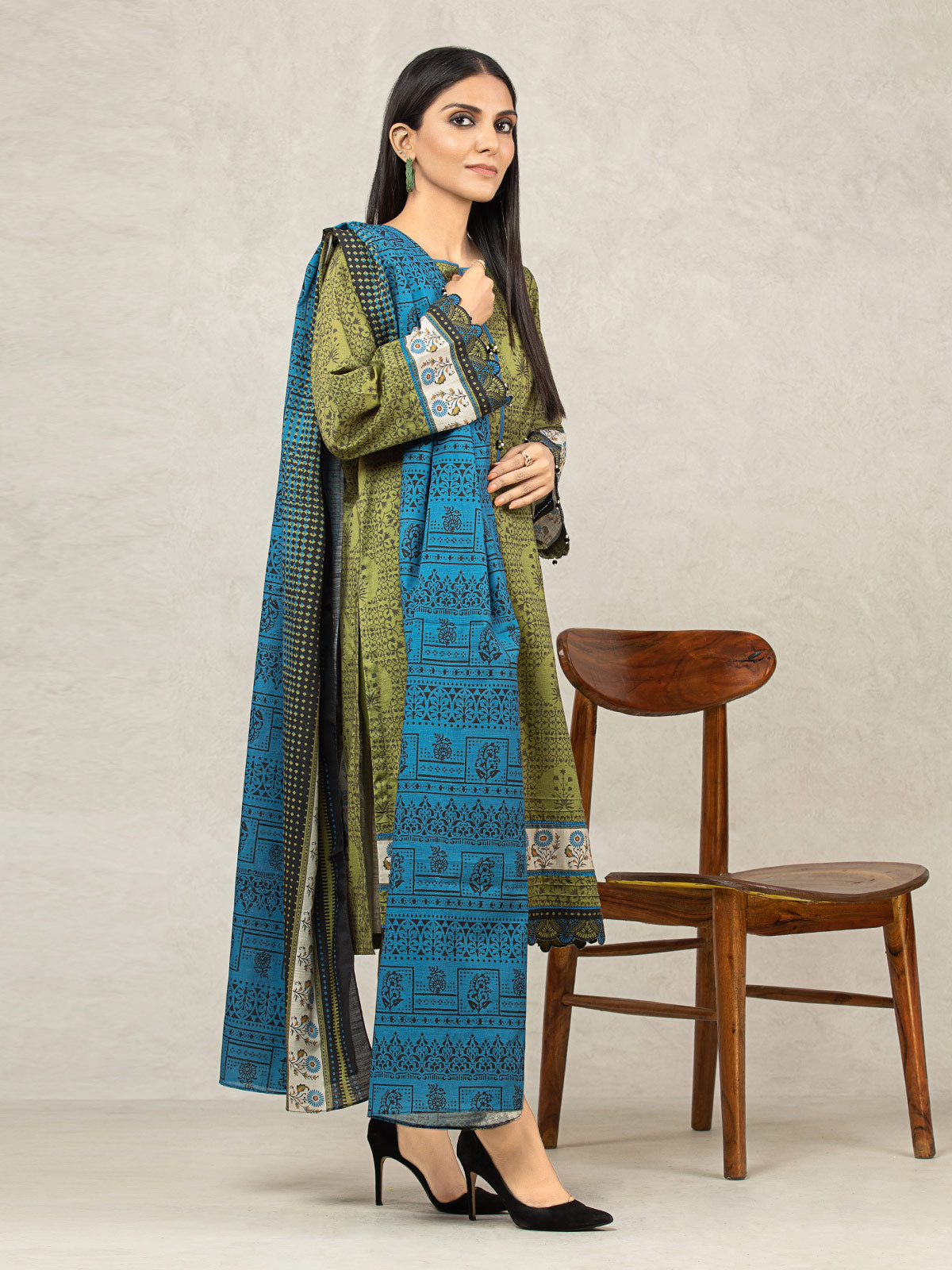 Edenrobe - EWU22A3-24504 Unstitched Olive Printed Khaddar 3 Piece