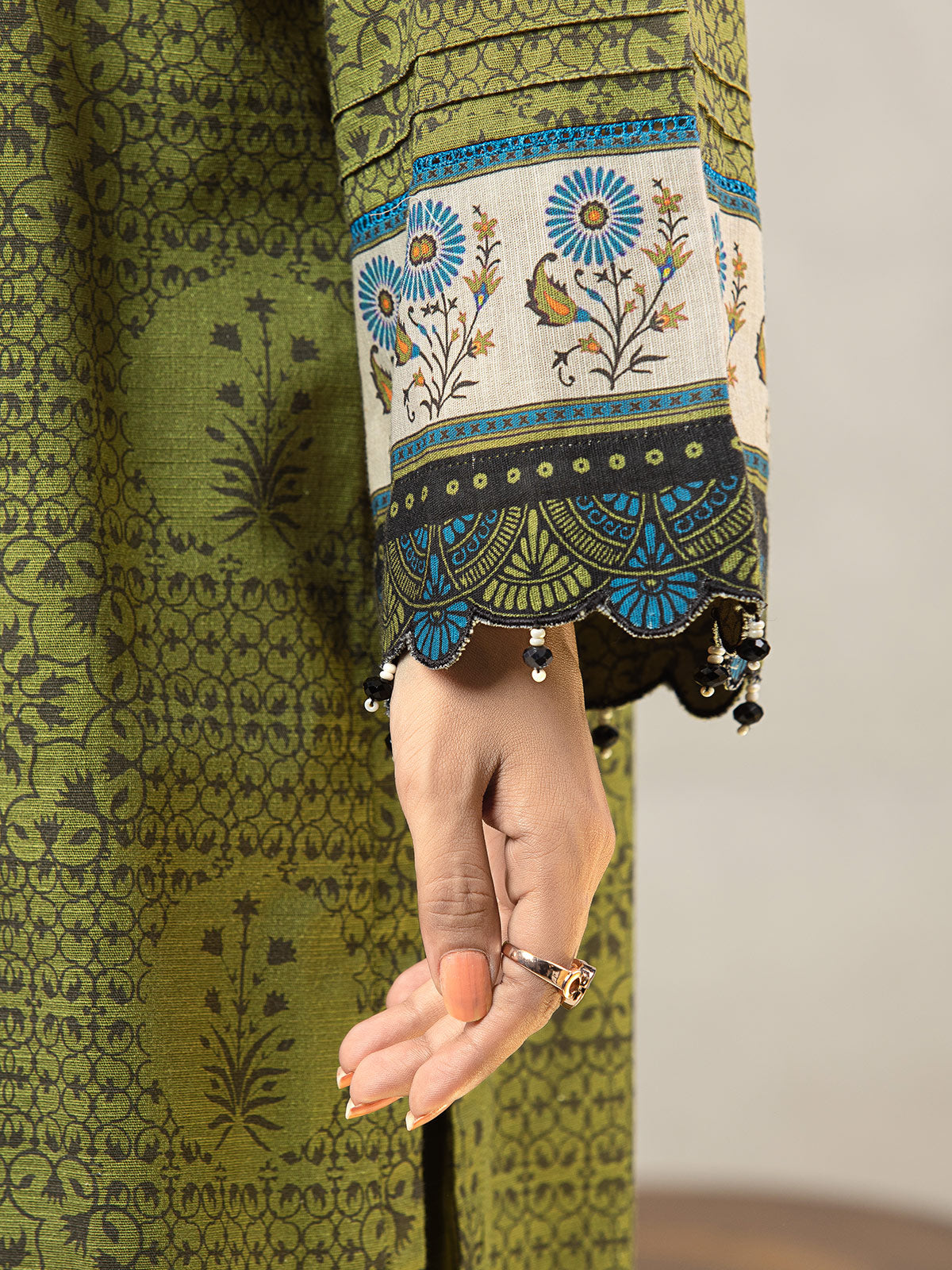 Edenrobe - EWU22A3-24504ST Unstitched Olive Printed Khaddar 2 Piece