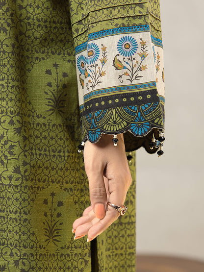 Edenrobe - EWU22A3-24504ST Unstitched Olive Printed Khaddar 2 Piece
