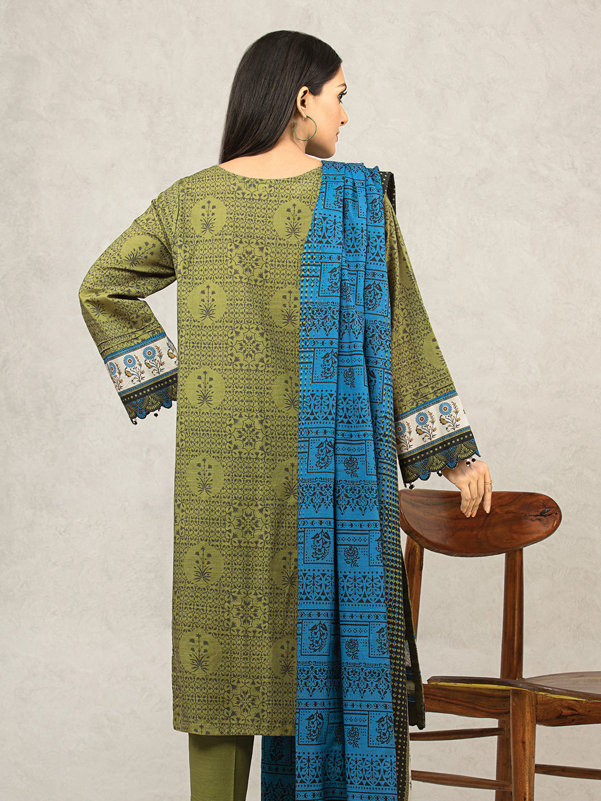 Edenrobe - EWU22A3-24504ST Unstitched Olive Printed Khaddar 2 Piece