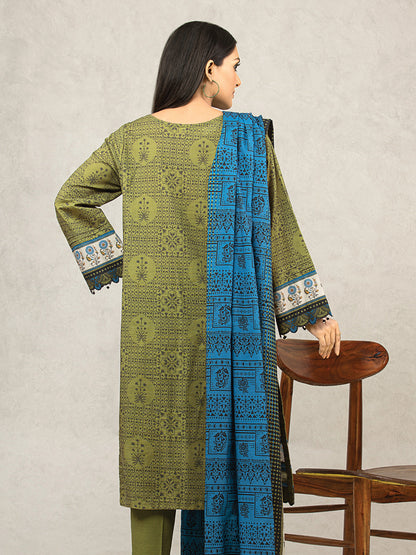 Edenrobe - EWU22A3-24504ST Unstitched Olive Printed Khaddar 2 Piece
