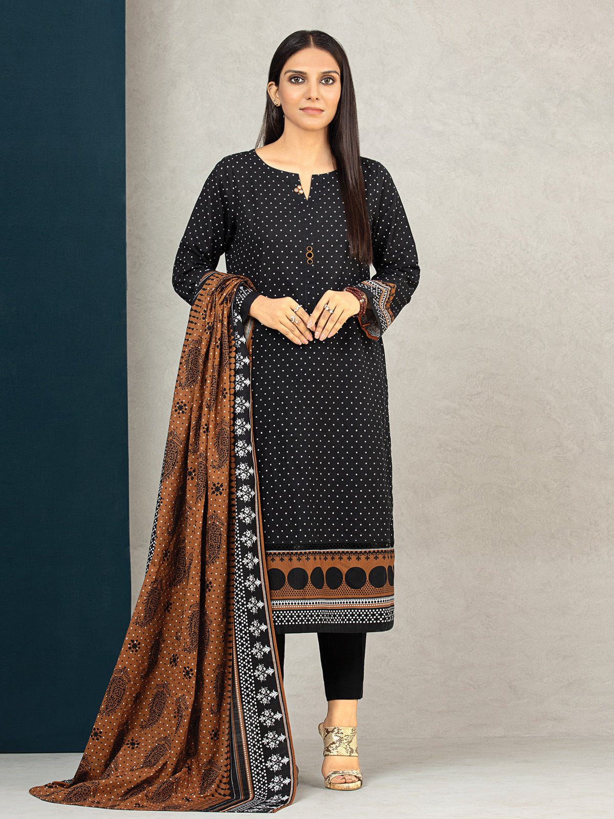 Edenrobe - EWU22A3-24567 Unstitched Black Printed Khaddar 2 Piece