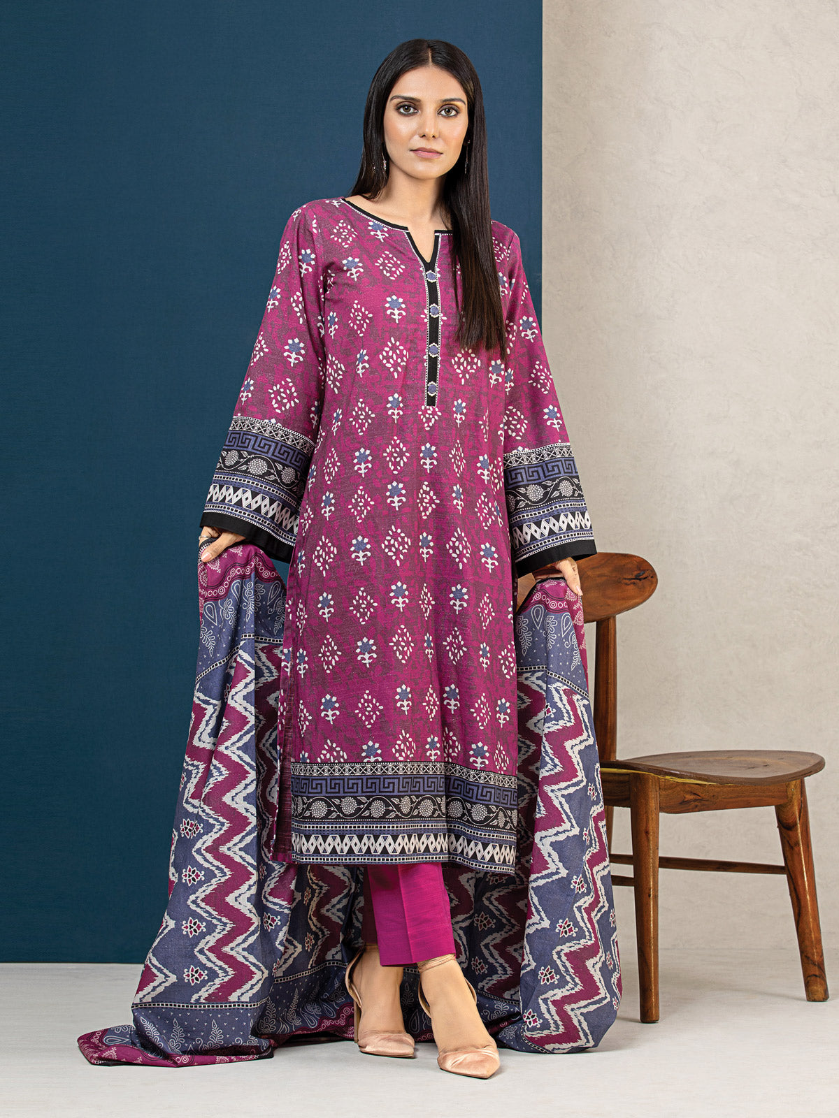 Edenrobe - EWU22A3-24701XXL Unstitched Magenta Printed Khaddar 3 Piece
