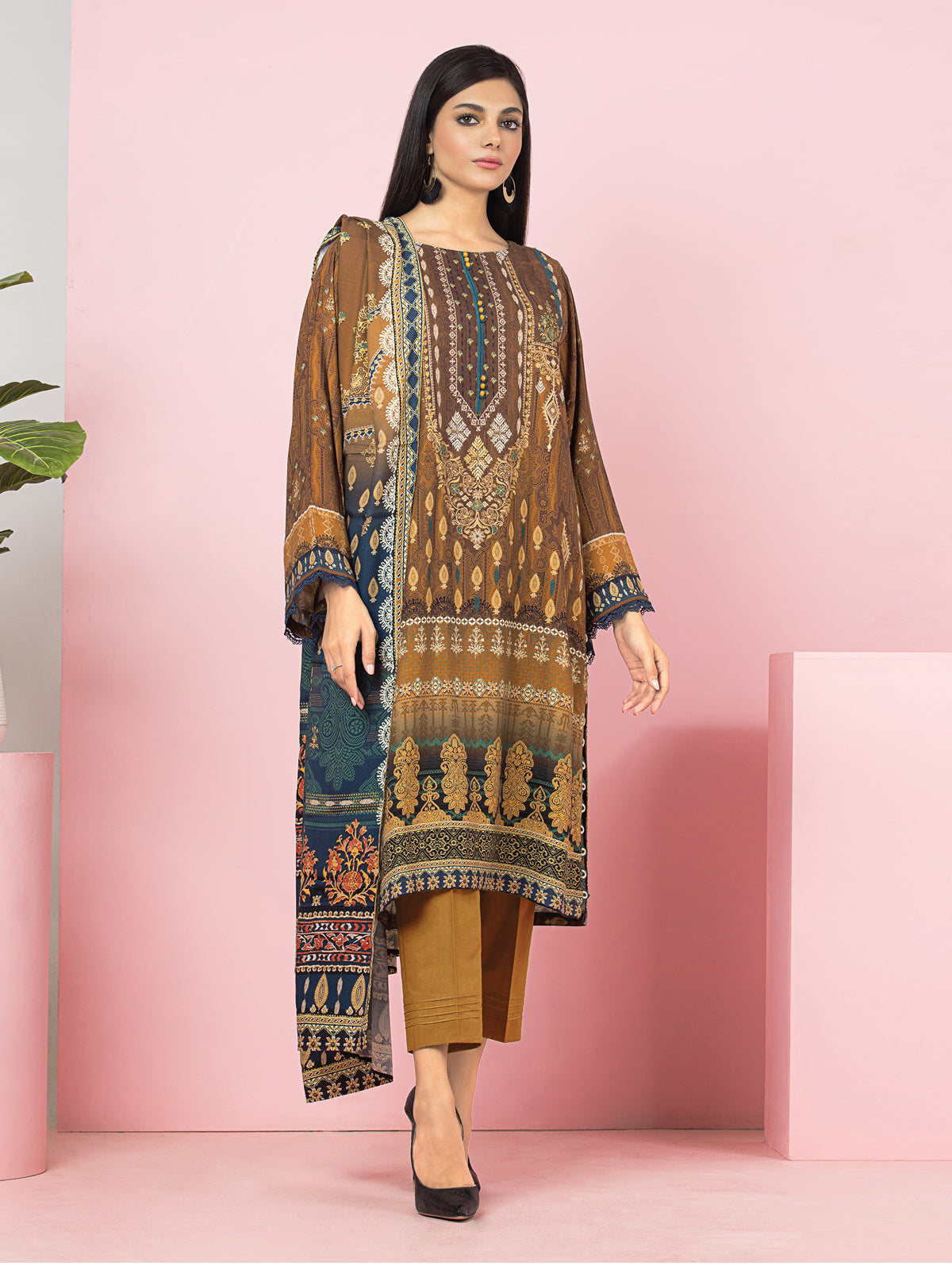 Edenrobe - EWU22A4-24001 Unstitched Brown Printed Viscose 3 Piece