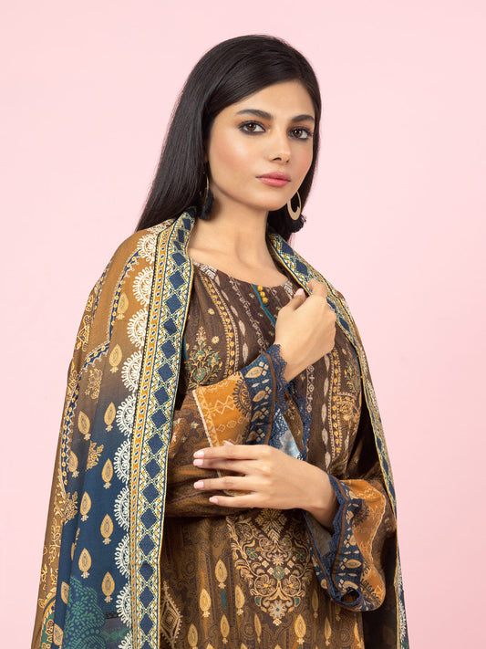 Edenrobe - EWU22A4-24001 Unstitched Brown Printed Viscose 3 Piece