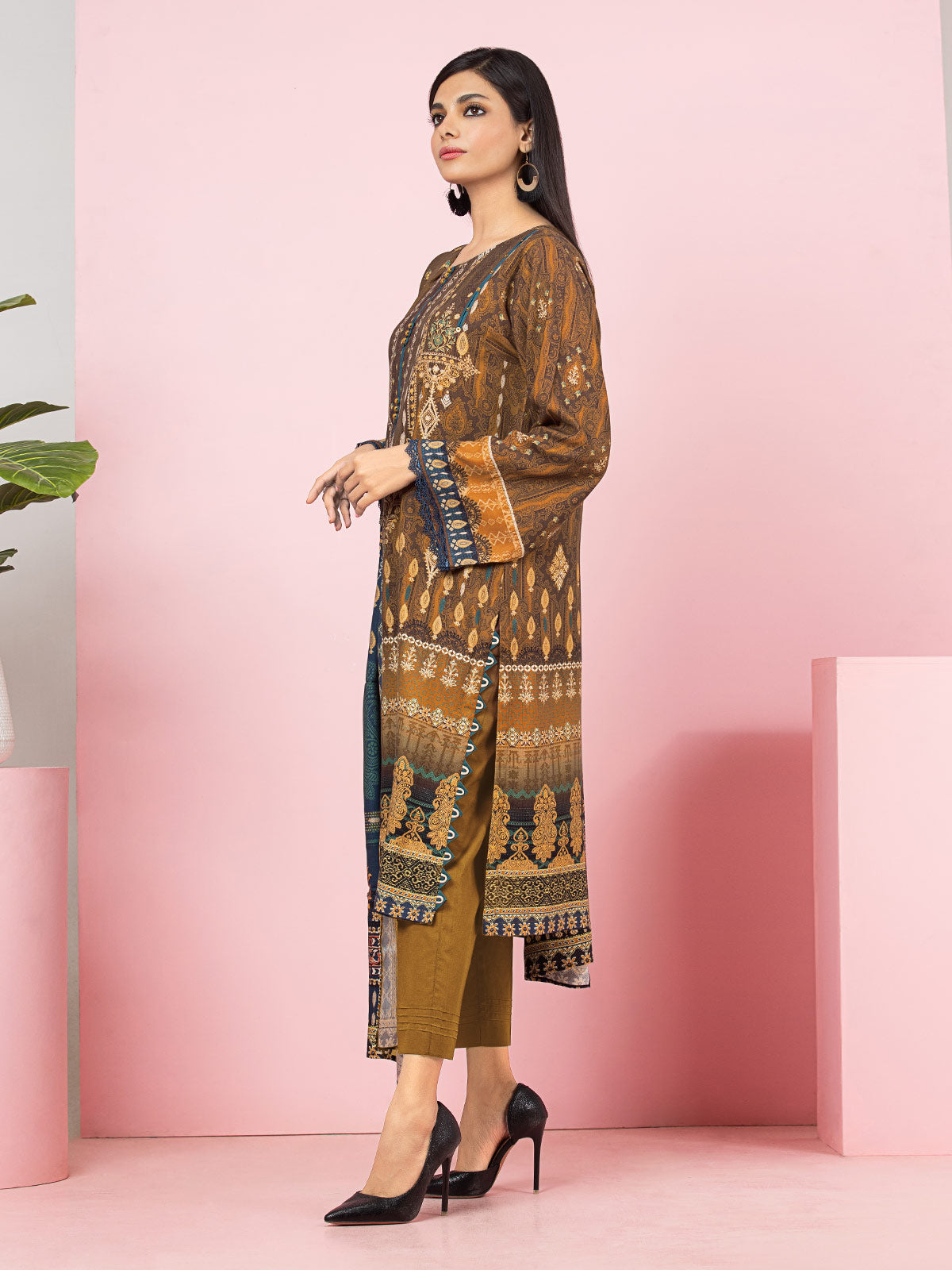 Edenrobe - EWU22A4-24001XXL Unstitched Brown Printed Viscose 3 Piece