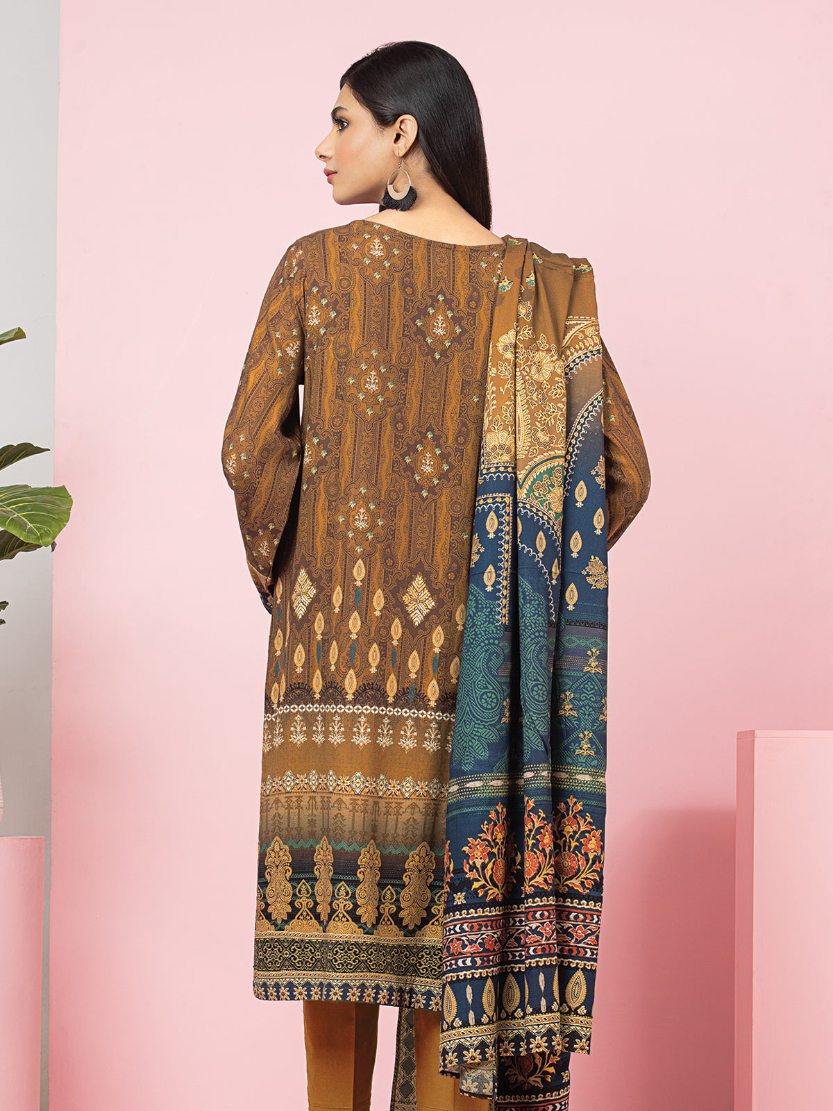 Edenrobe - EWU22A4-24001XXL Unstitched Brown Printed Viscose 3 Piece