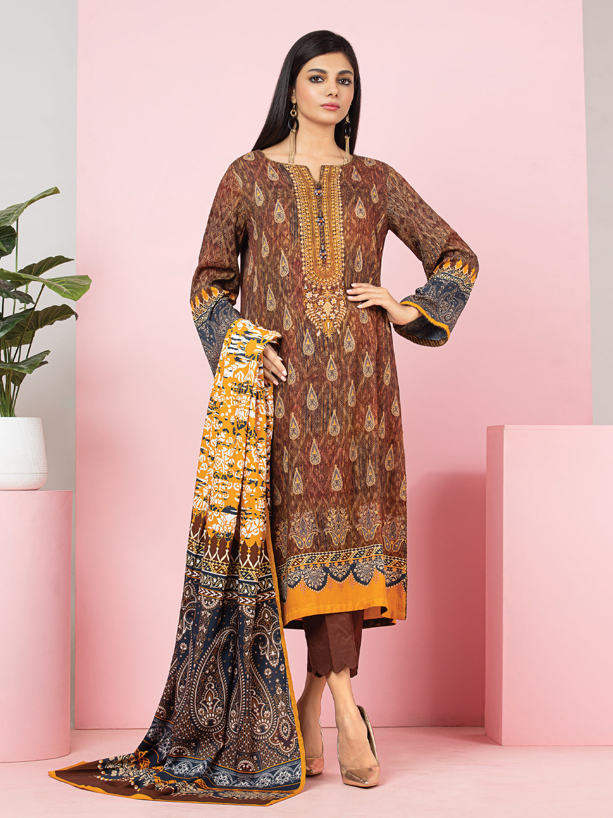 Edenrobe - EWU22A4-24004 Unstitched Brown Printed Viscose 3 Piece