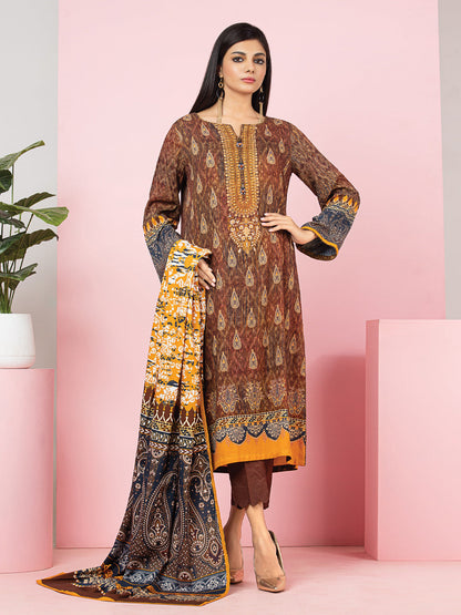 Edenrobe - EWU22A4-24004XXL Unstitched Brown Printed Viscose 3 Piece