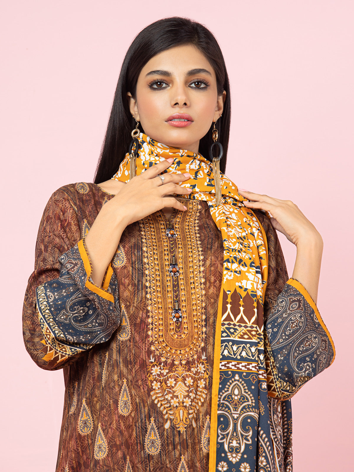 Edenrobe - EWU22A4-24004 Unstitched Brown Printed Viscose 3 Piece