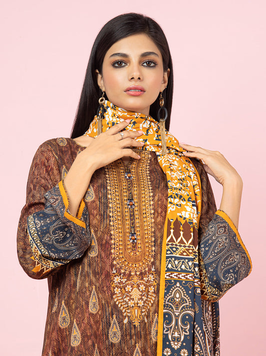 Edenrobe - EWU22A4-24004XXL Unstitched Brown Printed Viscose 3 Piece