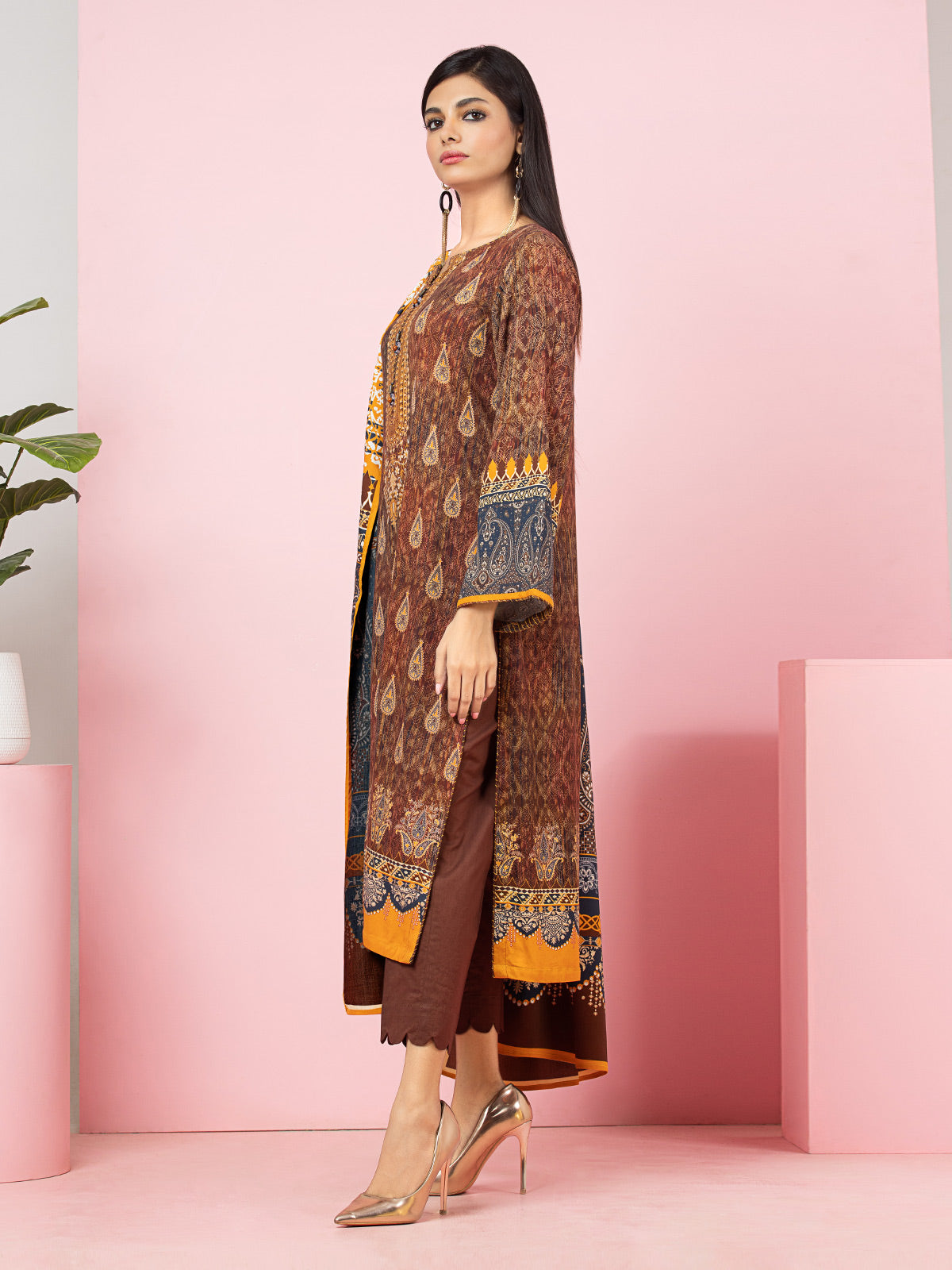 Edenrobe - EWU22A4-24004XXL Unstitched Brown Printed Viscose 3 Piece