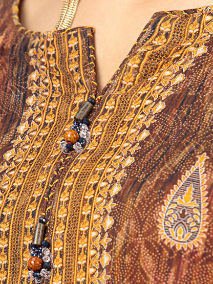 Edenrobe - EWU22A4-24004 Unstitched Brown Printed Viscose 3 Piece