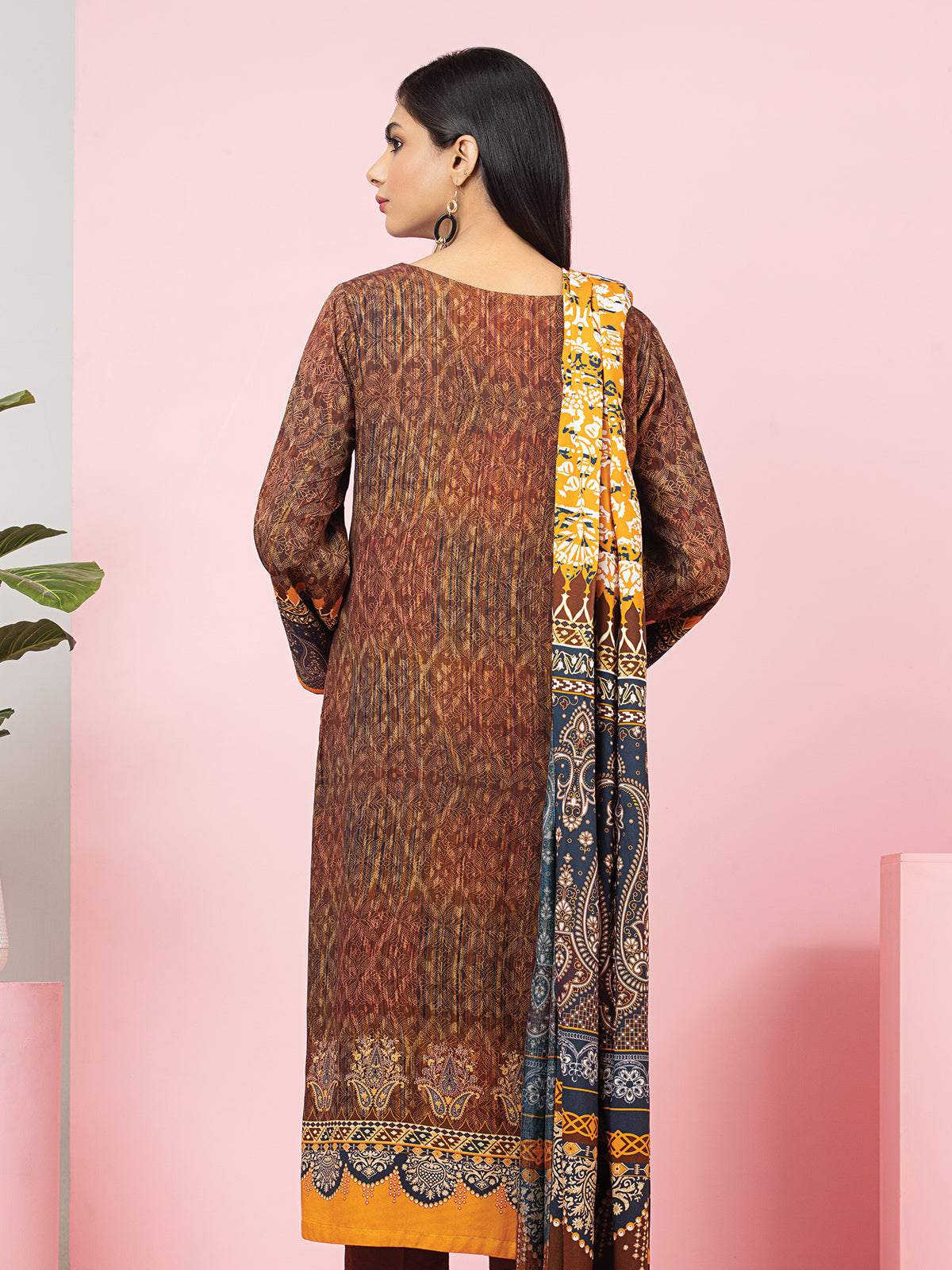 Edenrobe - EWU22A4-24004 Unstitched Brown Printed Viscose 3 Piece