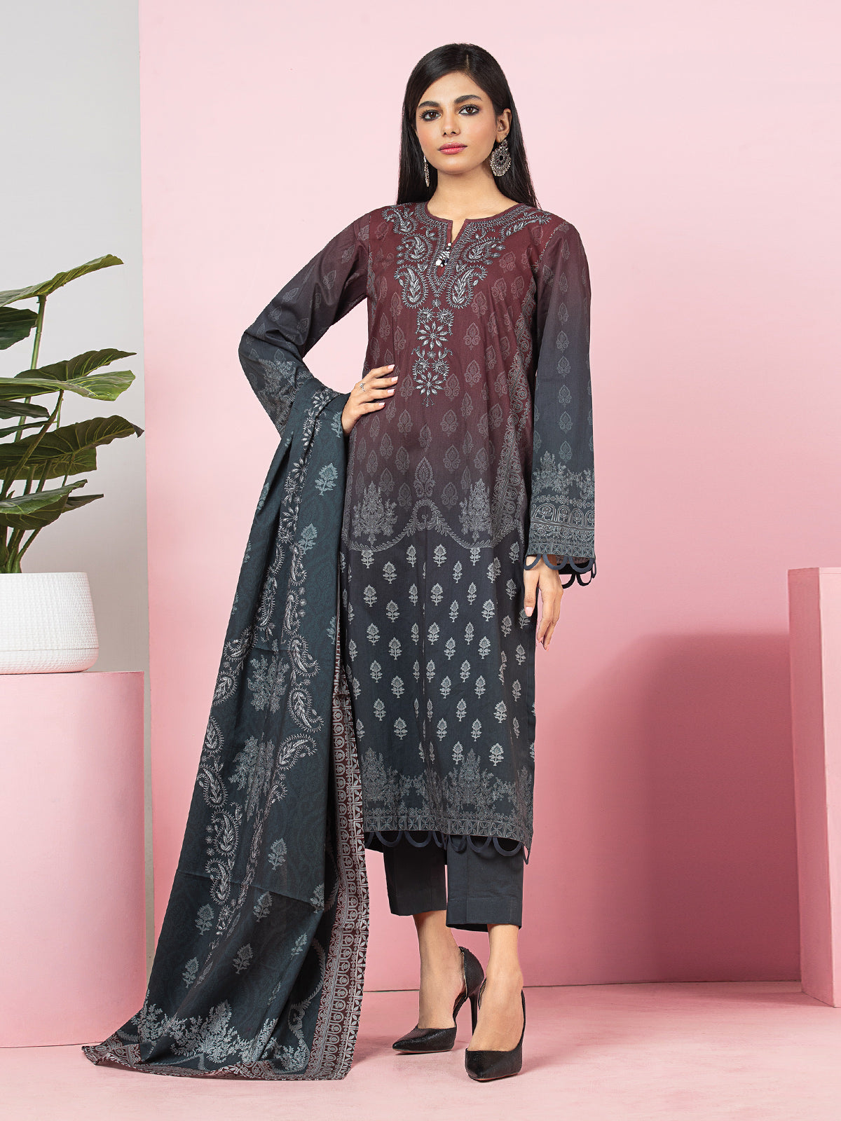 Edenrobe - EWU22A4-24005S Unstitched Charcoal Printed Viscose 1 Piece