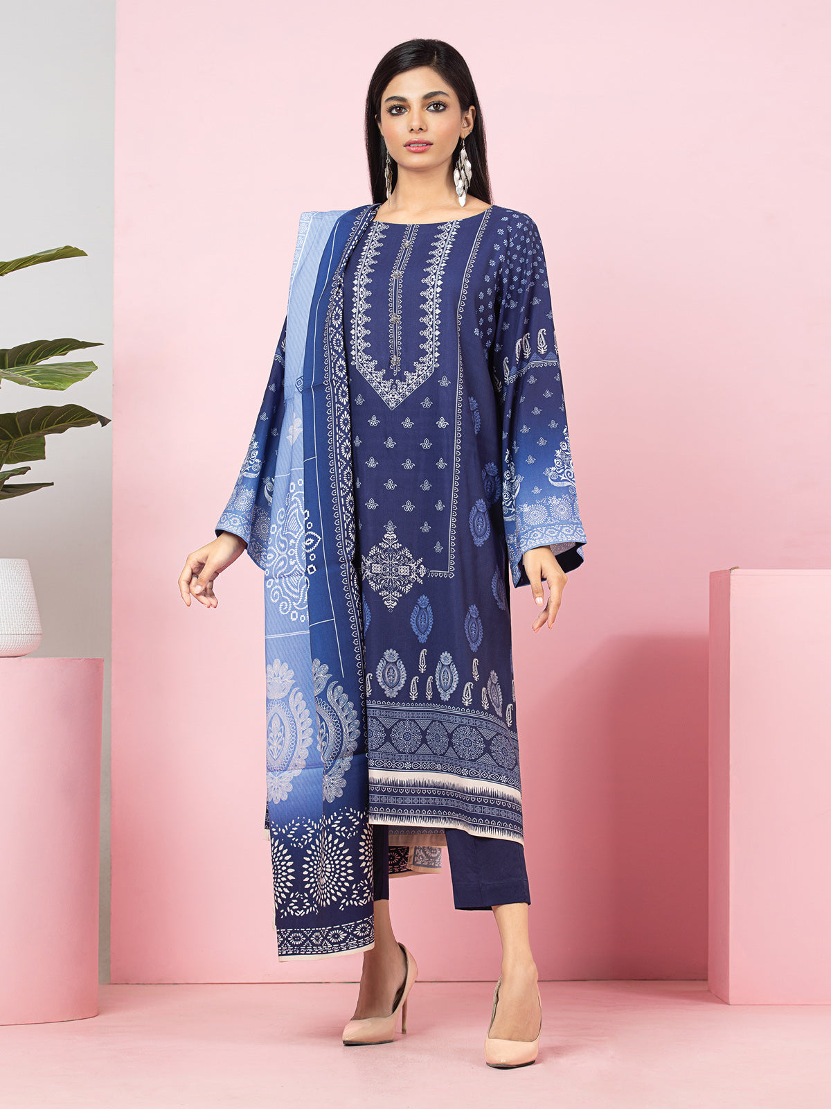 Edenrobe - EWU22A4-24008 Unstitched Royal Blue Printed Viscose 3 Piece