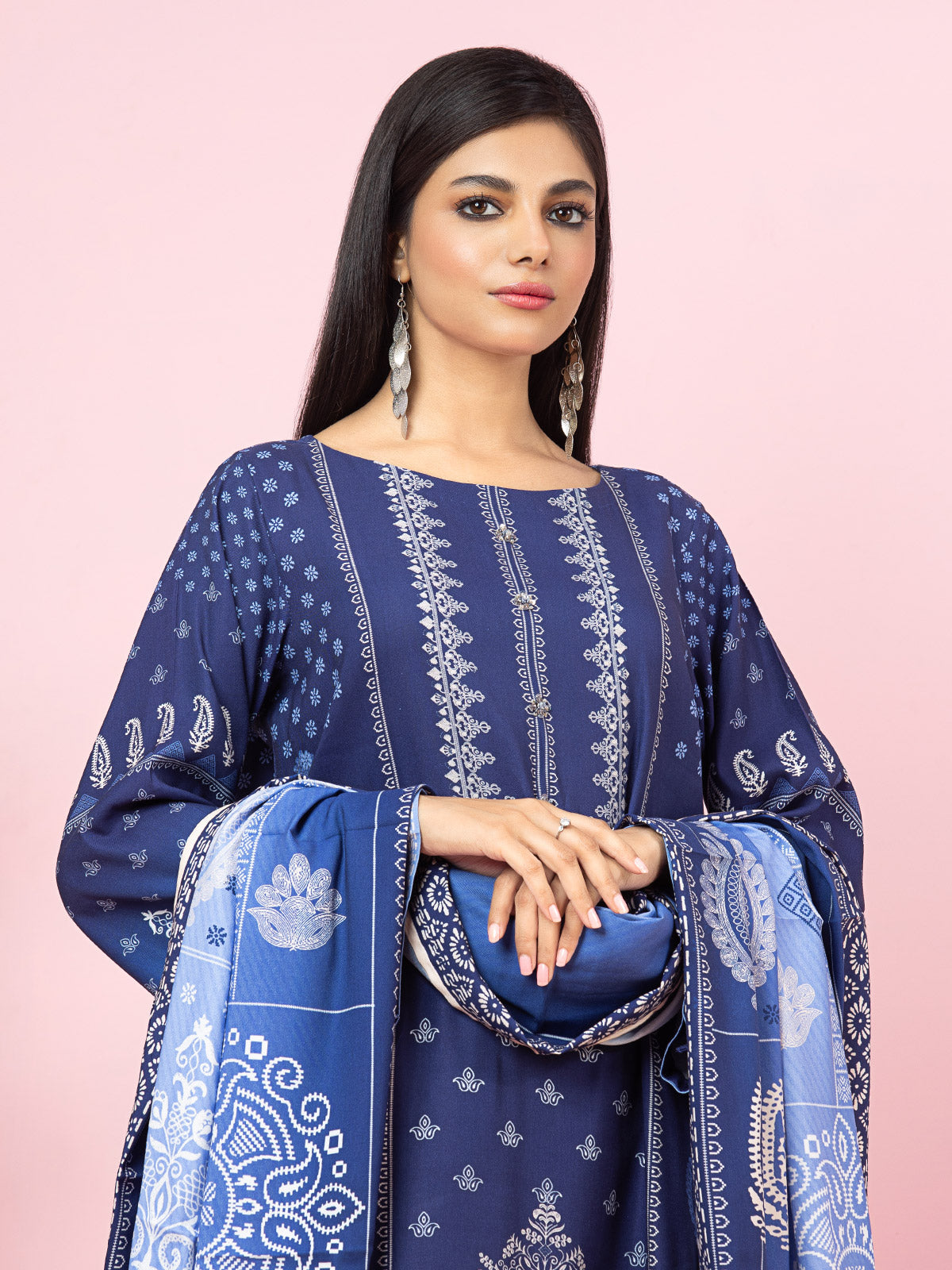 Edenrobe - EWU22A4-24008 Unstitched Royal Blue Printed Viscose 3 Piece