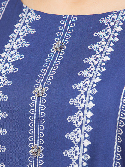 Edenrobe - EWU22A4-24008XXL Unstitched Royal Blue Printed Viscose 3 Piece