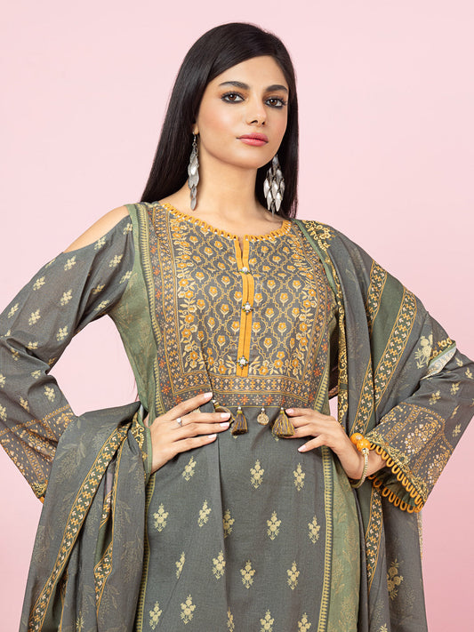 Edenrobe - EWU22A4-24009 Unstitched Grey Printed Viscose 3 Piece