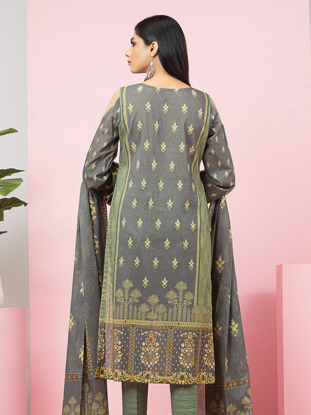 Edenrobe - EWU22A4-24009 Unstitched Grey Printed Viscose 3 Piece