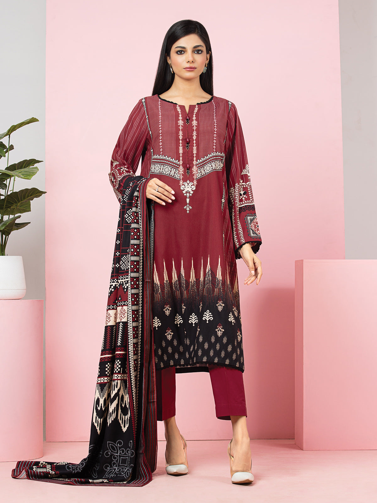 Edenrobe - EWU22A4-24013 Unstitched Rust Printed Viscose 3 Piece