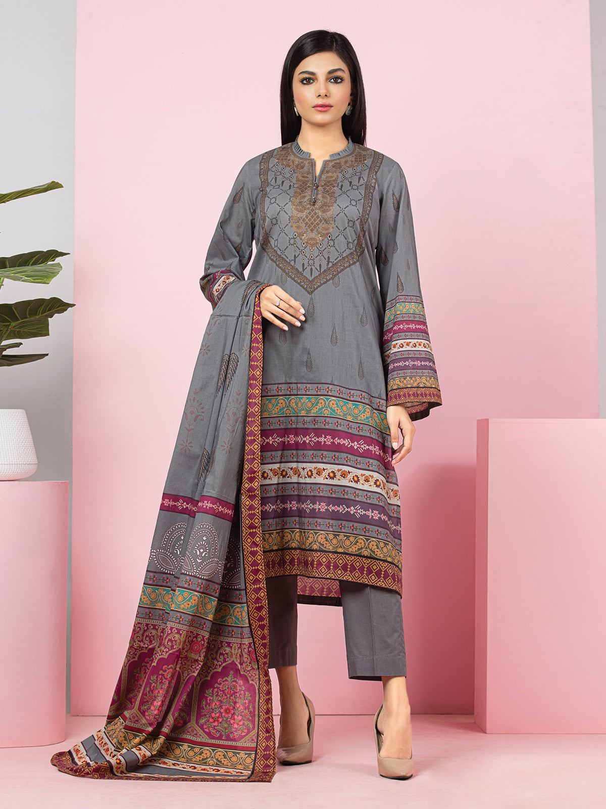 Edenrobe - EWU22A4-24015 Unstitched Steel Grey Printed Viscose 3 Piece
