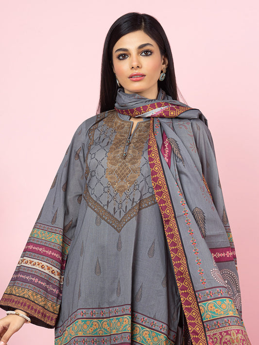 Edenrobe - EWU22A4-24015XXL Unstitched Steel Grey Printed Viscose 3 Piece