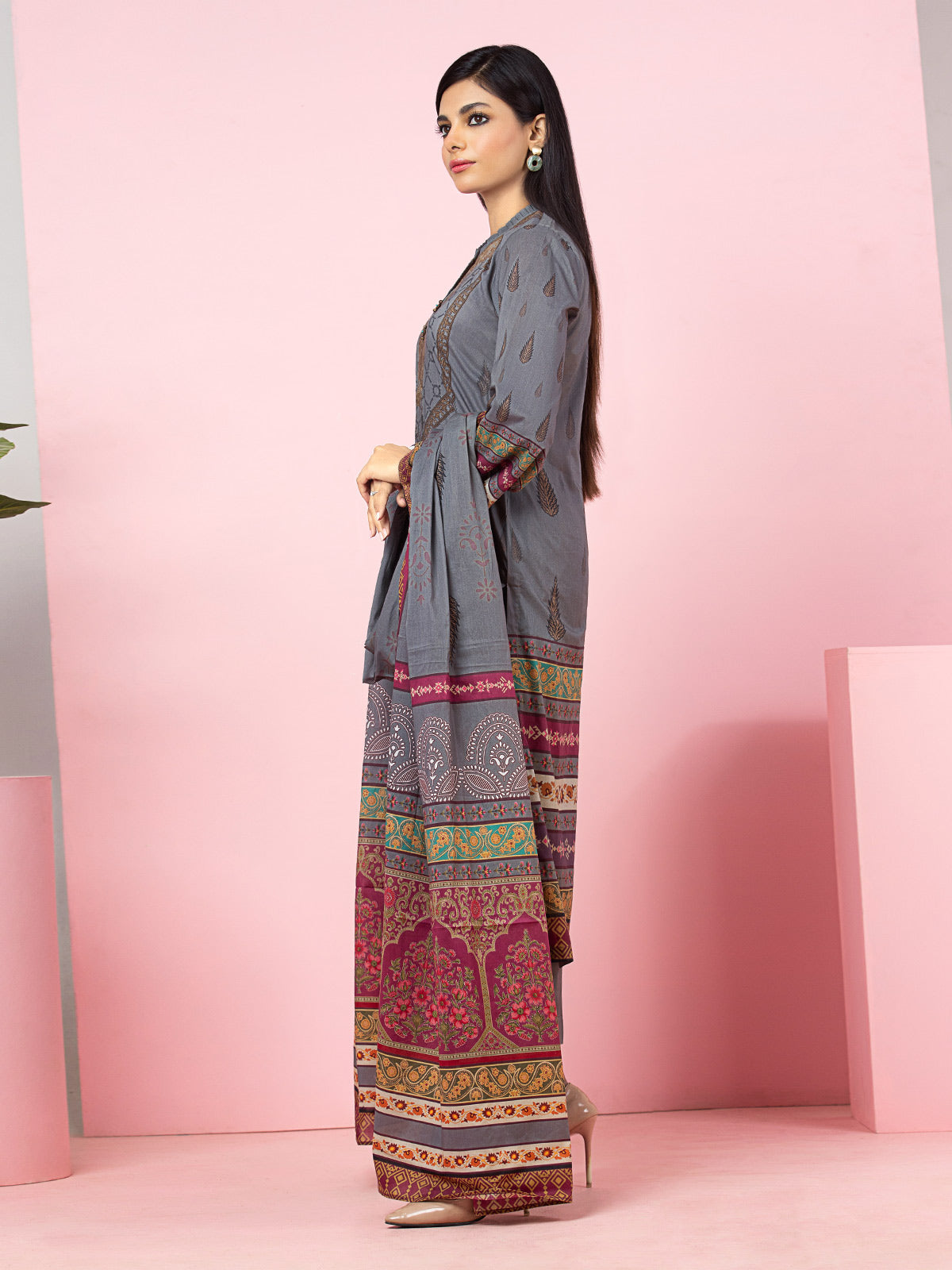 Edenrobe - EWU22A4-24015XXL Unstitched Steel Grey Printed Viscose 3 Piece