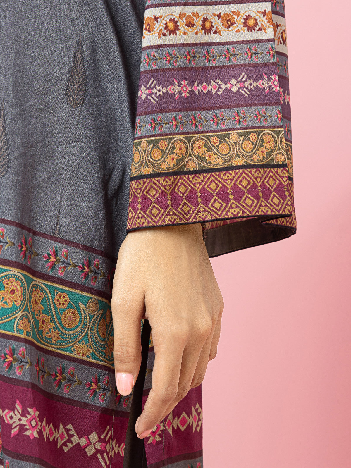 Edenrobe - EWU22A4-24015XXL Unstitched Steel Grey Printed Viscose 3 Piece