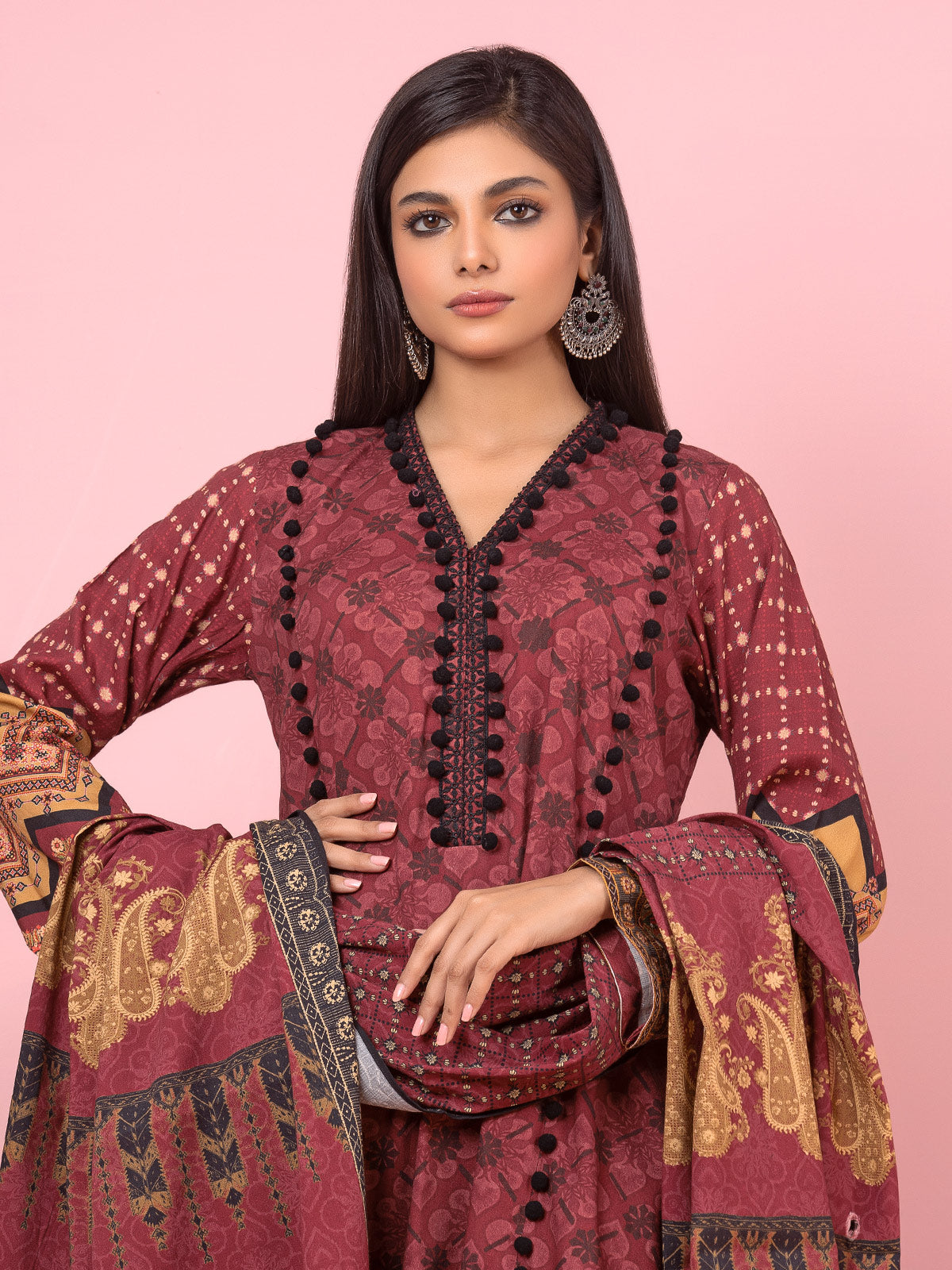 Edenrobe - EWU22A4-24016 Unstitched Dark Rust Printed Viscose 3 Piece