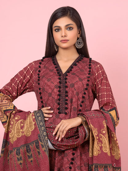 Edenrobe - EWU22A4-24016 Unstitched Dark Rust Printed Viscose 3 Piece