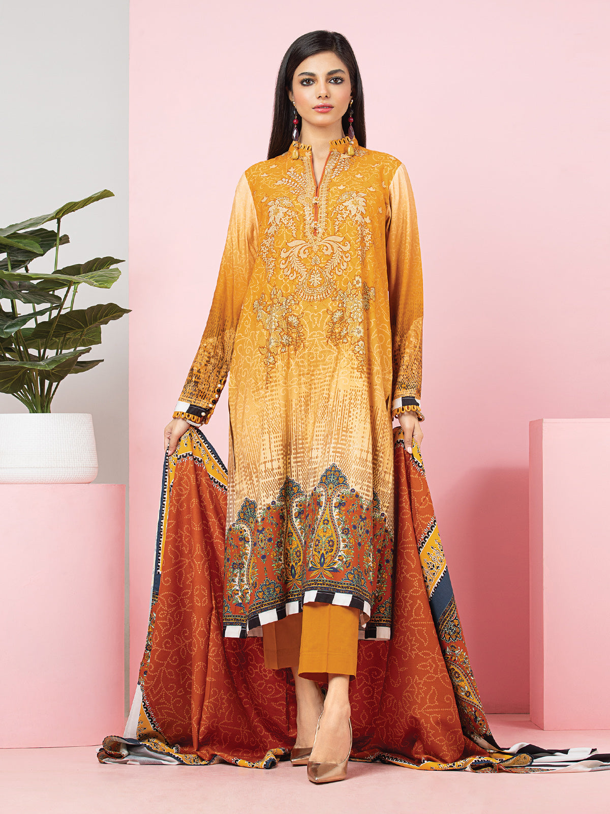 Edenrobe - EWU22A4-24018XXL Unstitched Mustard Printed Viscose 3 Piece