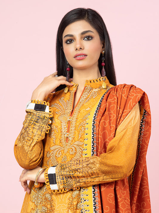 Edenrobe - EWU22A4-24018 Unstitched Mustard Printed Viscose 3 Piece