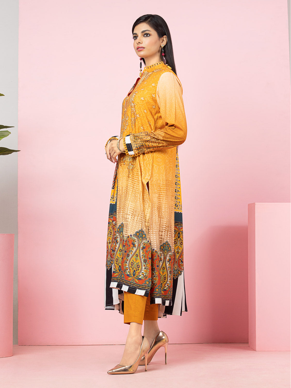 Edenrobe - EWU22A4-24018 Unstitched Mustard Printed Viscose 3 Piece