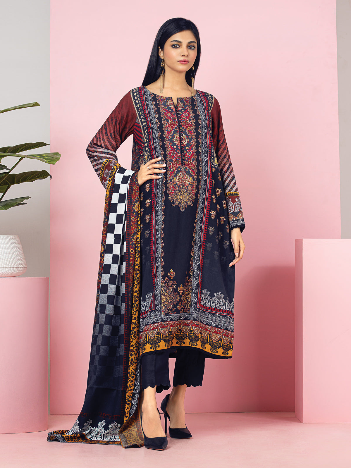 Edenrobe - EWU22A4-24019 Unstitched Dark Rust Printed Viscose 3 Piece