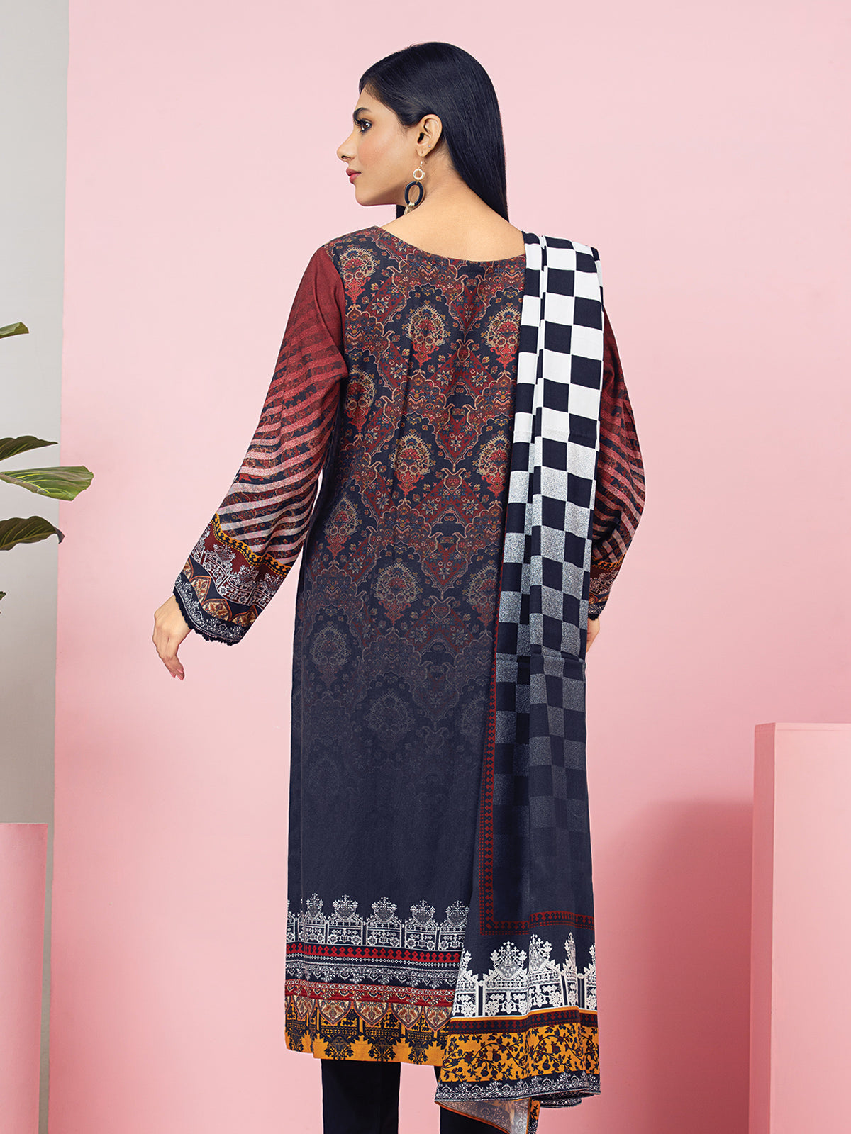 Edenrobe - EWU22A4-24019 Unstitched Dark Rust Printed Viscose 3 Piece