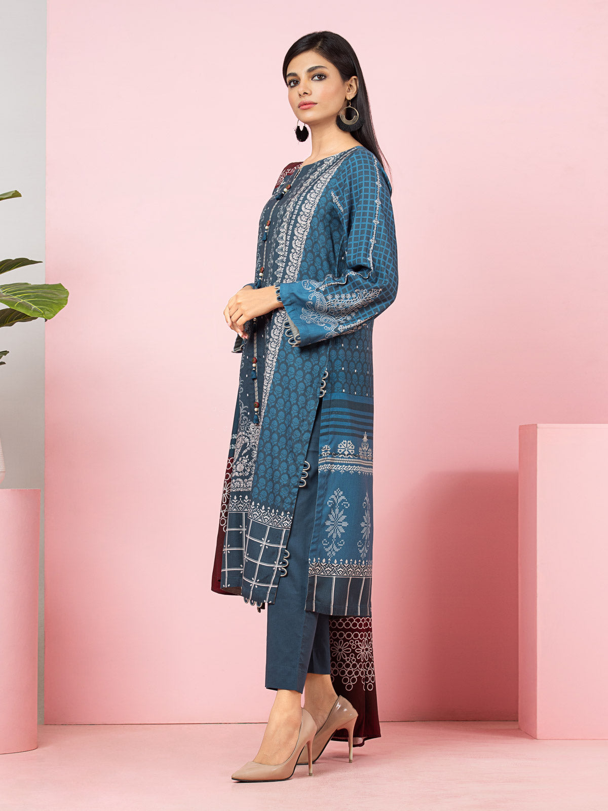 Edenrobe - EWU22A4-24021 Unstitched Blue Printed Viscose 3 Piece