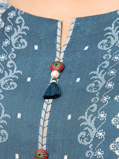 Edenrobe - EWU22A4-24021 Unstitched Blue Printed Viscose 3 Piece