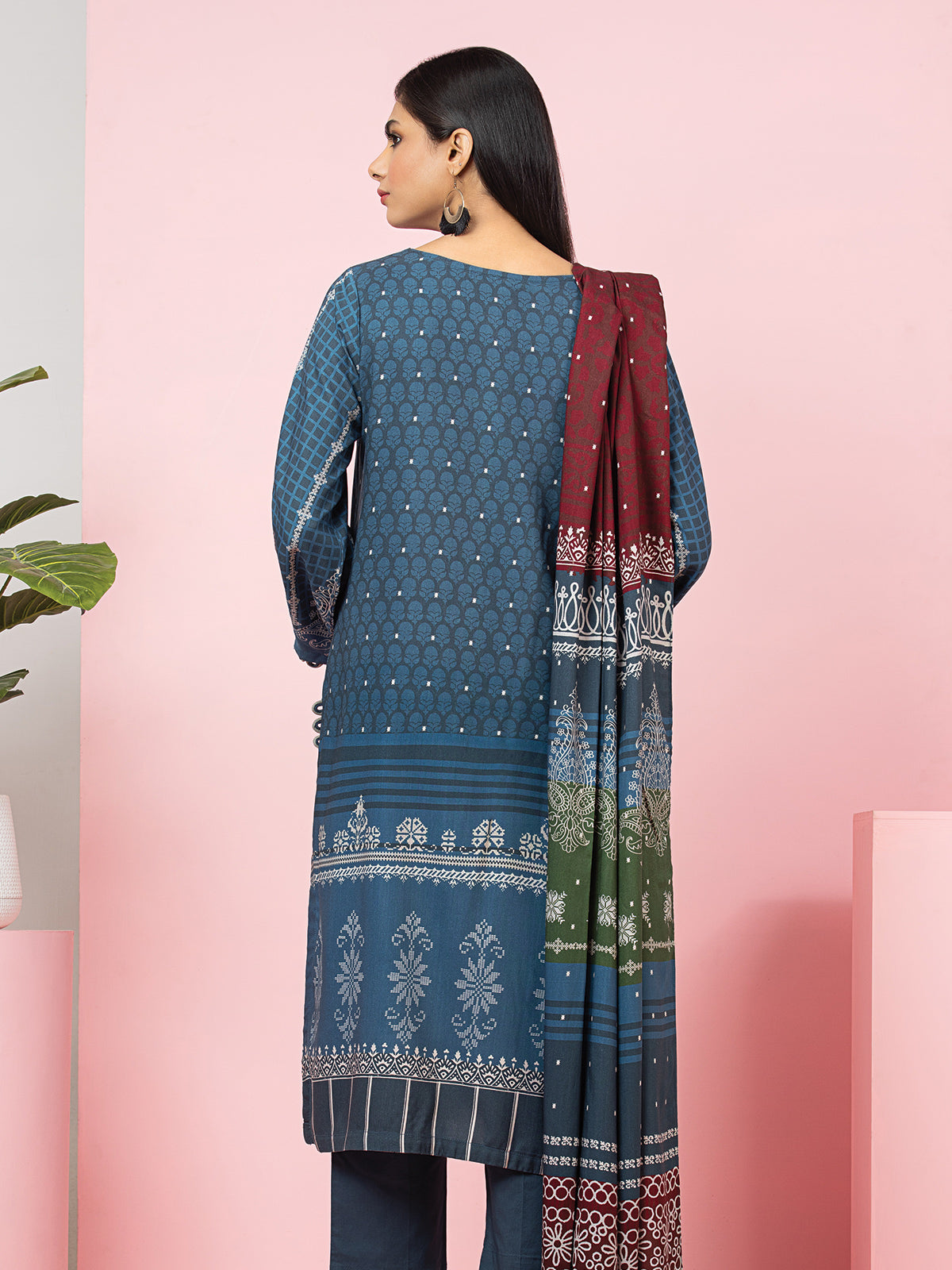 Edenrobe - EWU22A4-24021 Unstitched Blue Printed Viscose 3 Piece