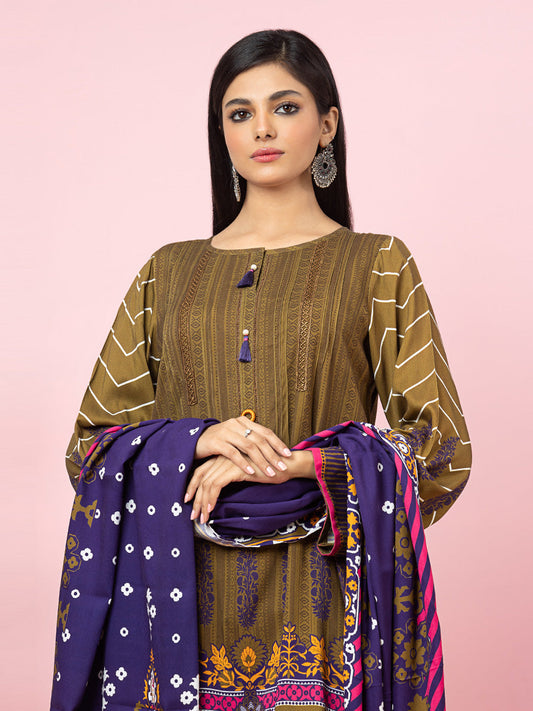 Edenrobe - EWU22A4-24023XXL Unstitched Mehndi Printed Viscose 3 Piece