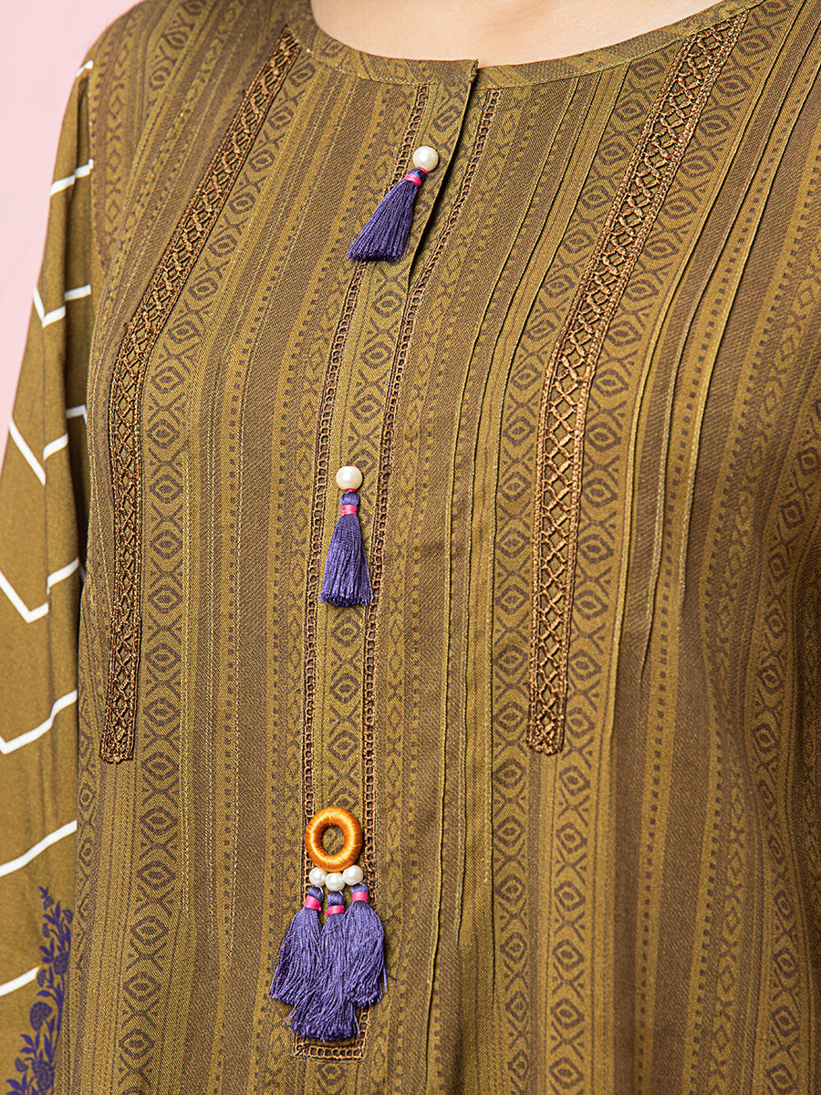 Edenrobe - EWU22A4-24023 Unstitched Mehndi Printed Viscose 3 Piece