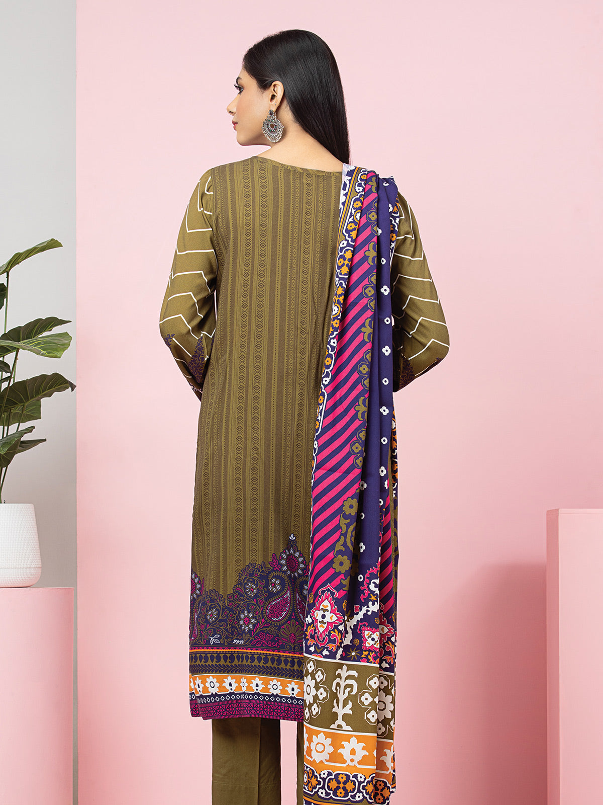 Edenrobe - EWU22A4-24023 Unstitched Mehndi Printed Viscose 3 Piece
